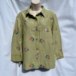 Hearts of Palm Green Linen Blend Shirt with Flamingos - Size 10